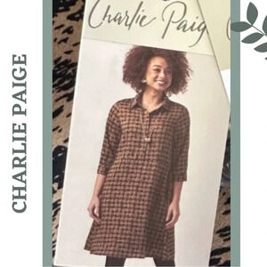 Charlie Paige Tunic Style Fall Dress Print 3-4 Sleeve  Black Brown Size Small